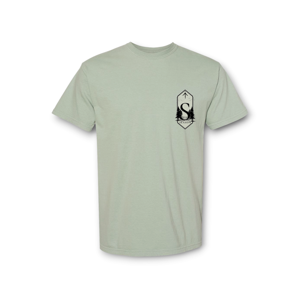 Season bay green Comfort Colors 1717 ring-spun cotton t-shirt with a black forest and letter S chest graphic