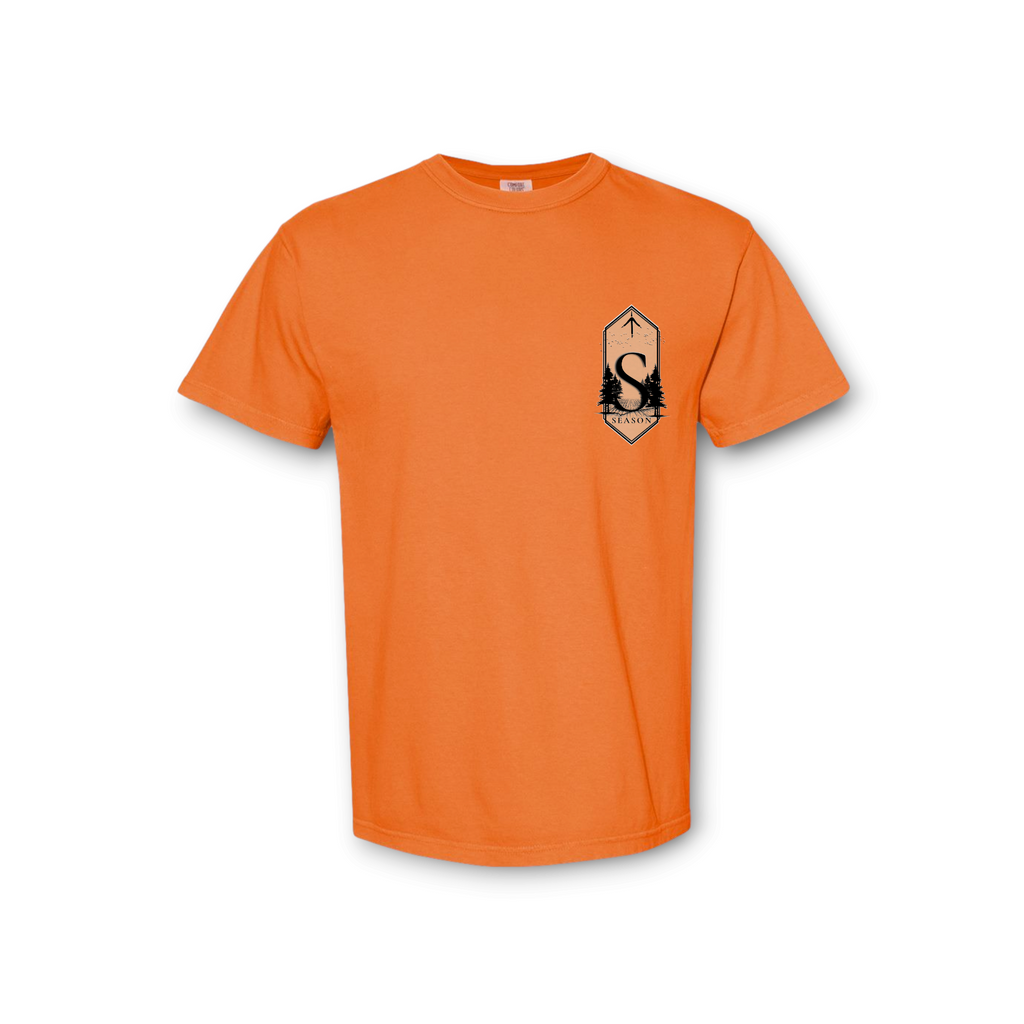 Season burnt orange Comfort Colors 1717 t-shirt with a black Dog Season graphic on the left chest