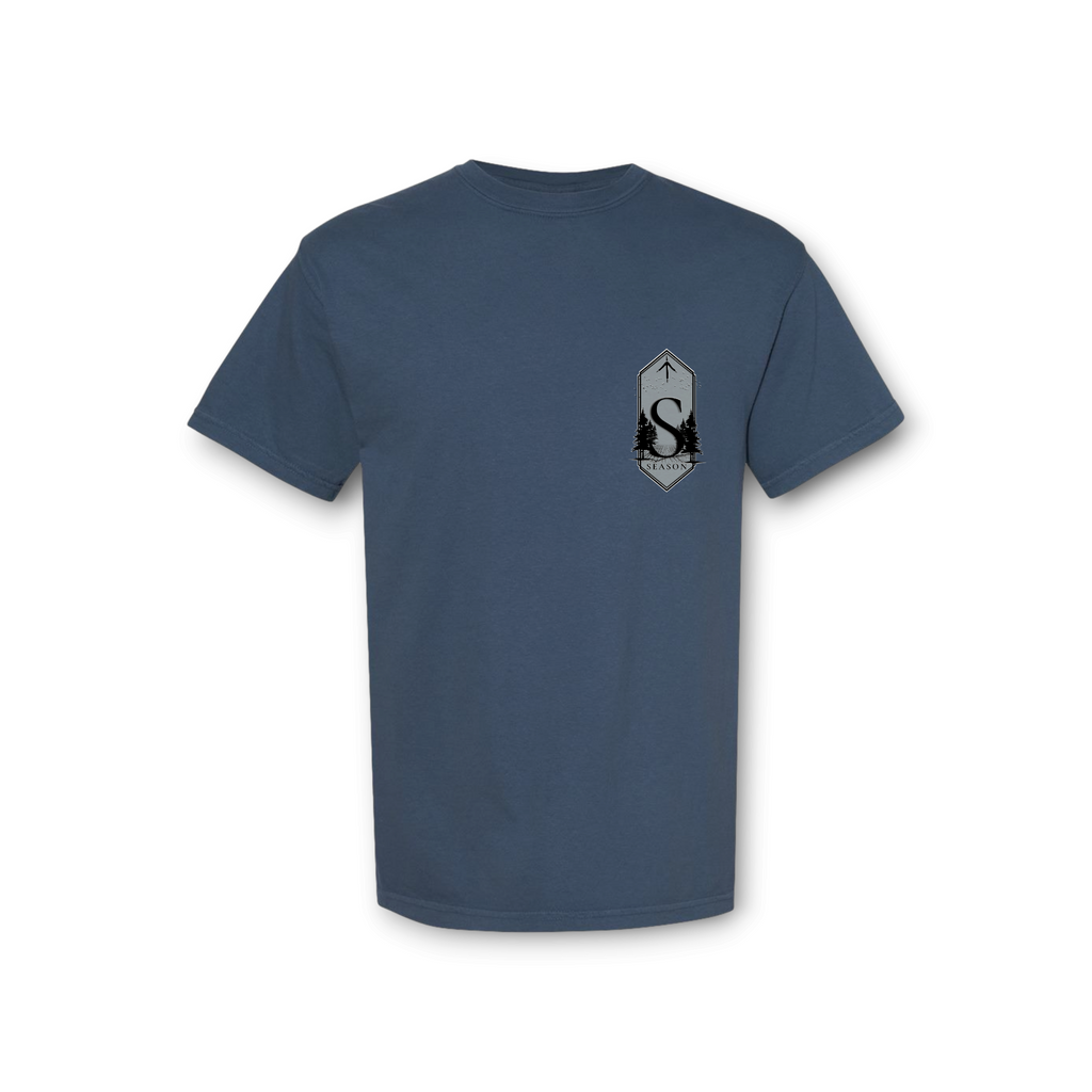 Season true navy Comfort Colors ring-spun cotton t-shirt with a small Deer Season graphic on the chest