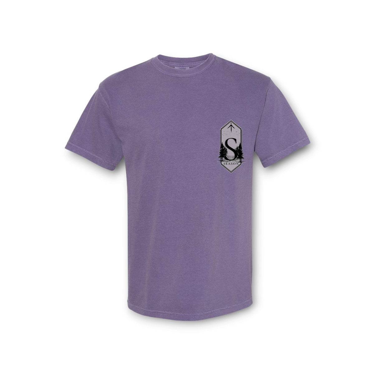 Season grape purple Comfort Colors 1717 ring-spun cotton t-shirt with a black Coyote Season graphic on the chest