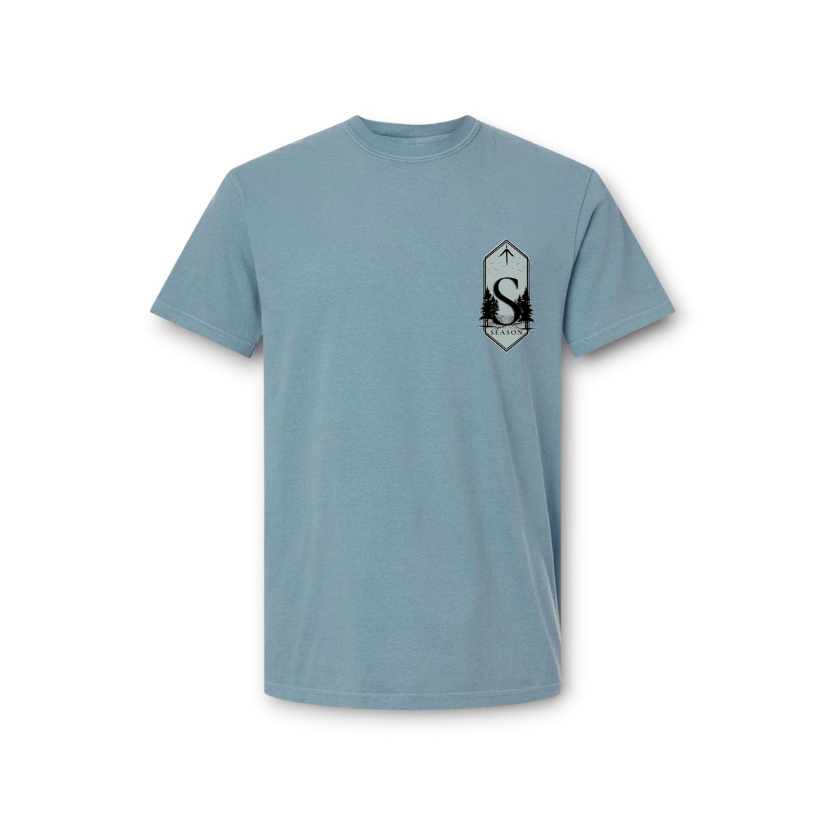 Season ice blue Comfort Colors ring-spun cotton t-shirt featuring a small chest logo with forest and arrow graphics.