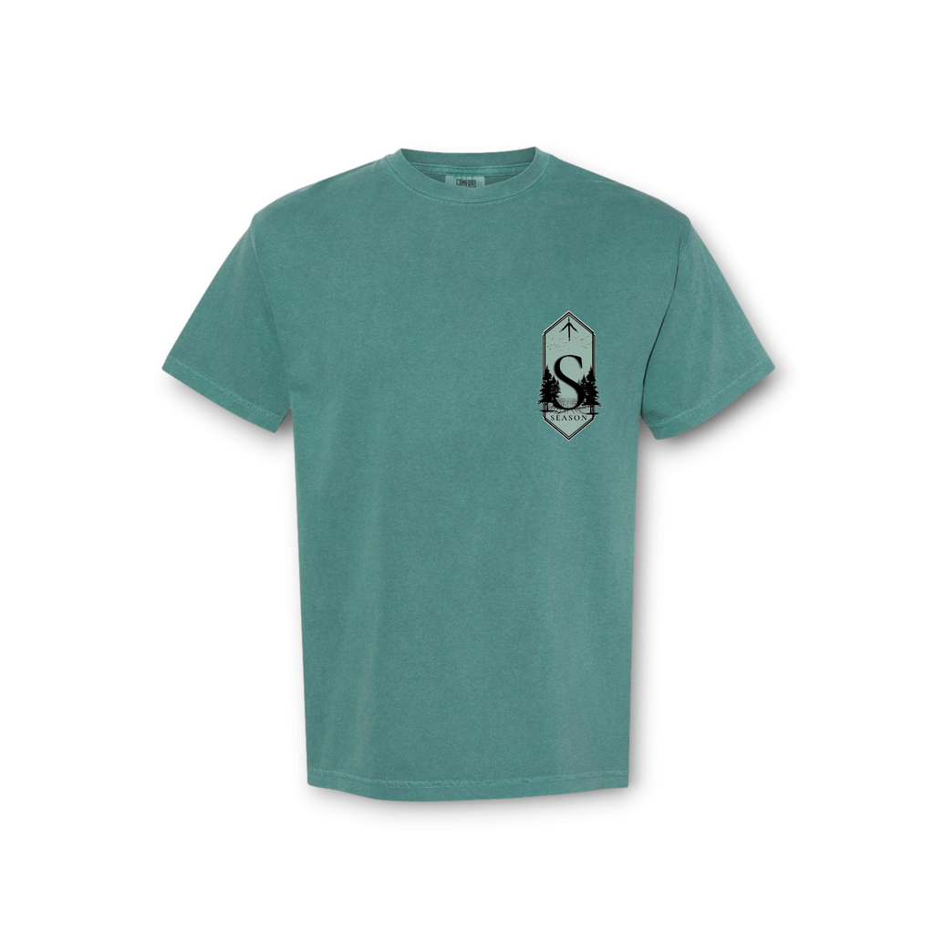 Season emerald green Comfort Colors ring-spun cotton t-shirt with a small chest graphic of a pine tree and letter S