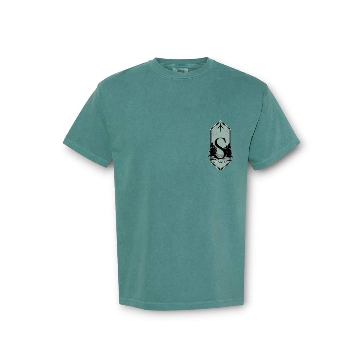 Season emerald green Comfort Colors ring-spun cotton t-shirt with a small chest graphic of a pine tree and letter S