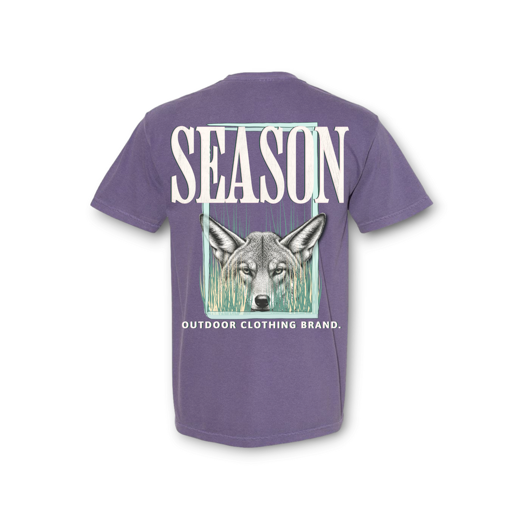 Season grape purple Comfort Colors 1717 t-shirt featuring a coyote graphic and Season outdoor clothing brand logo