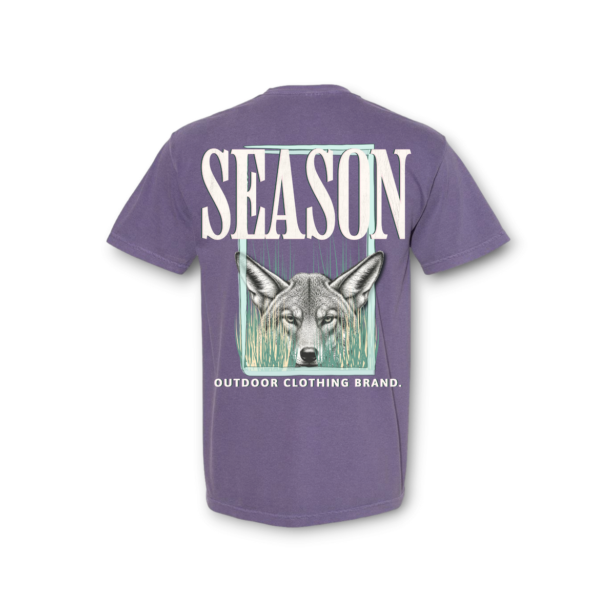 Season grape purple Comfort Colors 1717 t-shirt featuring a coyote graphic and Season outdoor clothing brand logo
