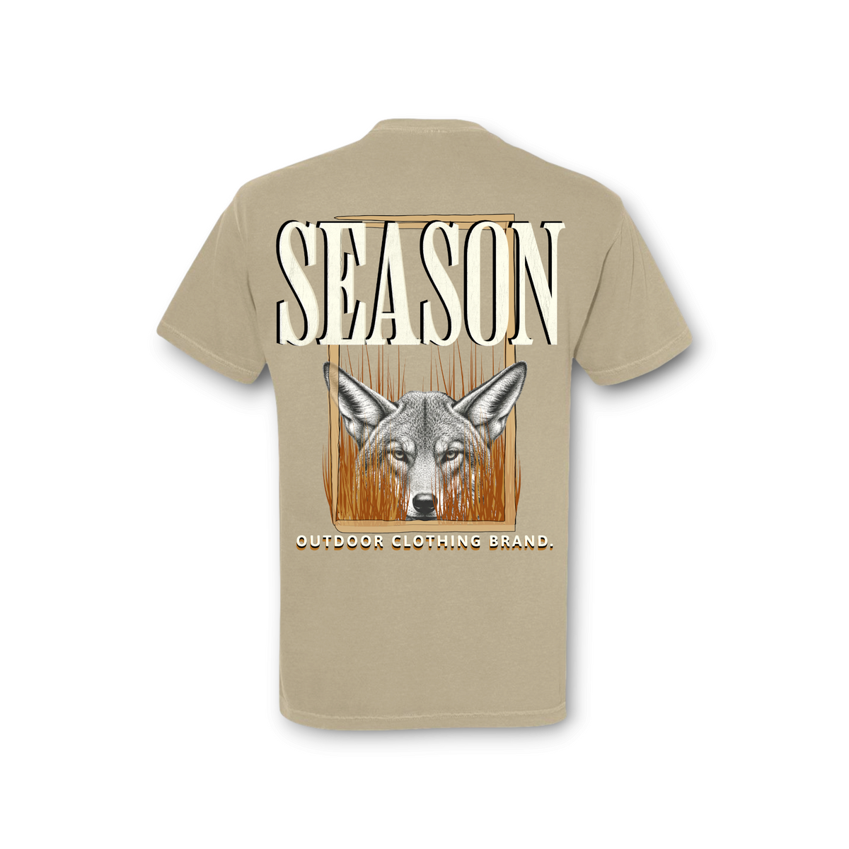 Season Mens Coyote Season khaki graphic t-shirt featuring a coyote head illustration on the back
