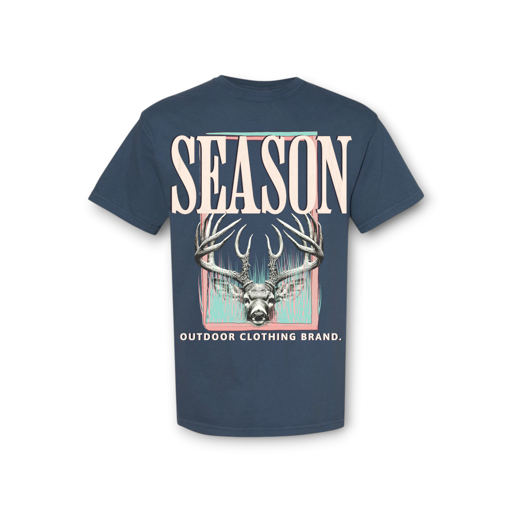 Season True Navy Comfort Colors ring-spun cotton t-shirt featuring a deer head graphic and outdoor branding