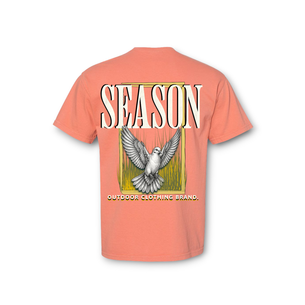Season terracotta garment-dyed cotton t-shirt featuring a dove hunting graphic on the back