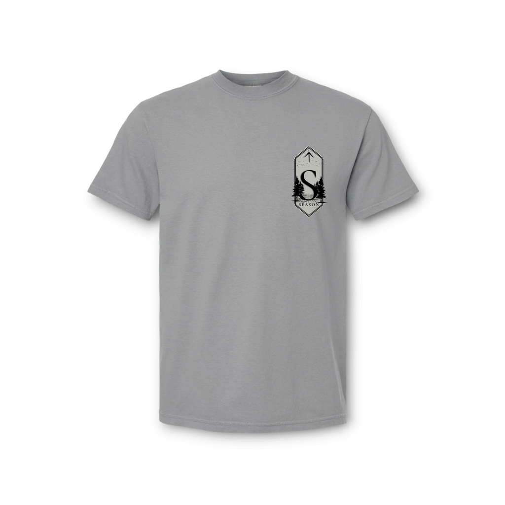 Season Mens Turkey Season gray ring-spun cotton t-shirt with a black forest-themed chest graphic