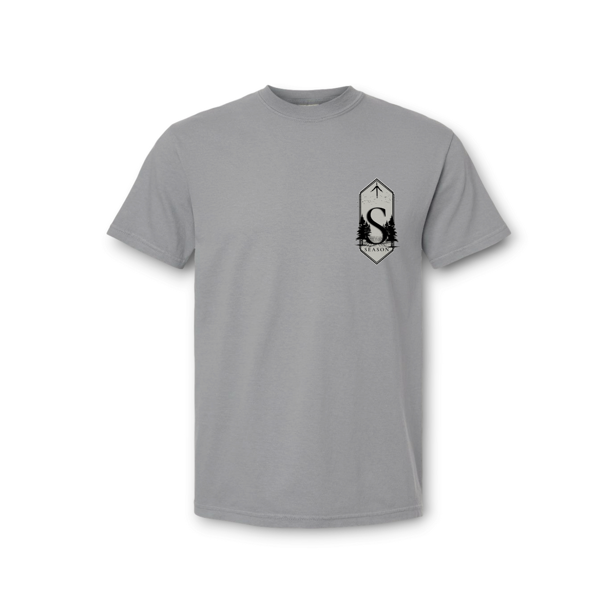 Season Mens Turkey Season gray ring-spun cotton t-shirt with a black forest-themed chest graphic