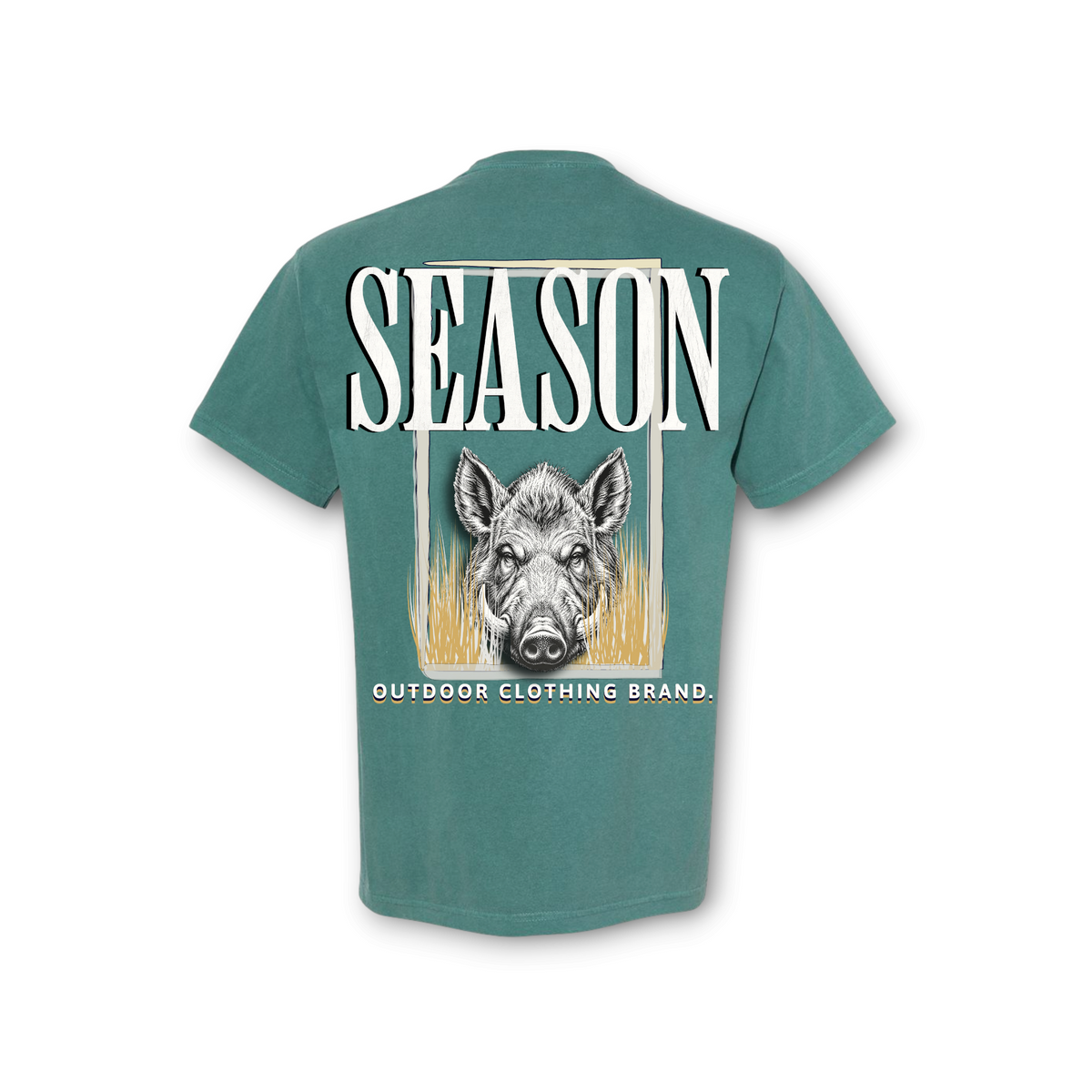 Season emerald green heavyweight ring-spun cotton t-shirt featuring a hog hunting graphic on the back