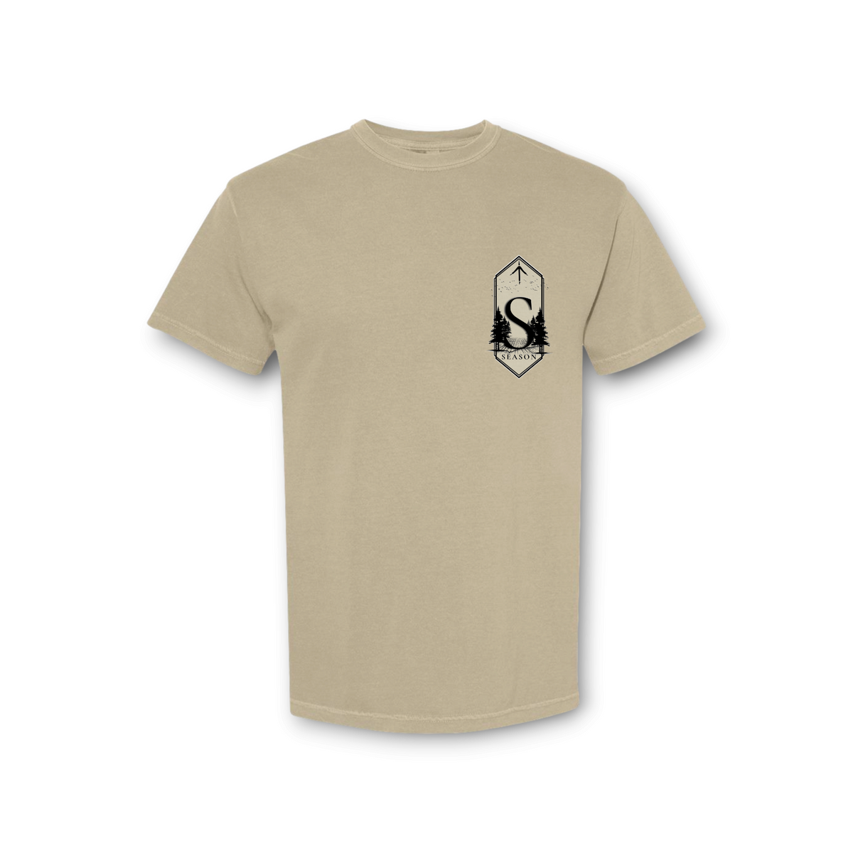Season Mens Coyote Season khaki garment-dyed cotton t-shirt with a small black graphic logo on the chest