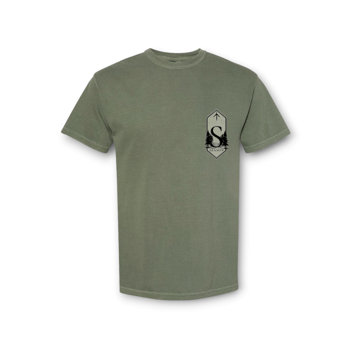 Season moss green Comfort Colors 1717 ring-spun cotton t-shirt with a black dog season graphic on the chest