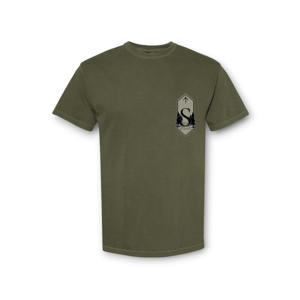 Season sage green Comfort Colors 1717 unisex t-shirt featuring a deer season pine tree graphic on the chest