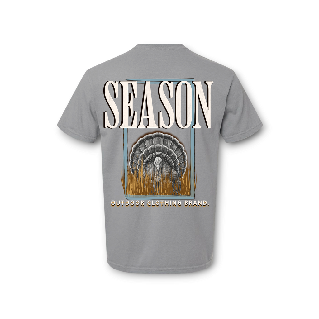 Season gray Comfort Colors ring-spun cotton t-shirt featuring a turkey hunting graphic on the back