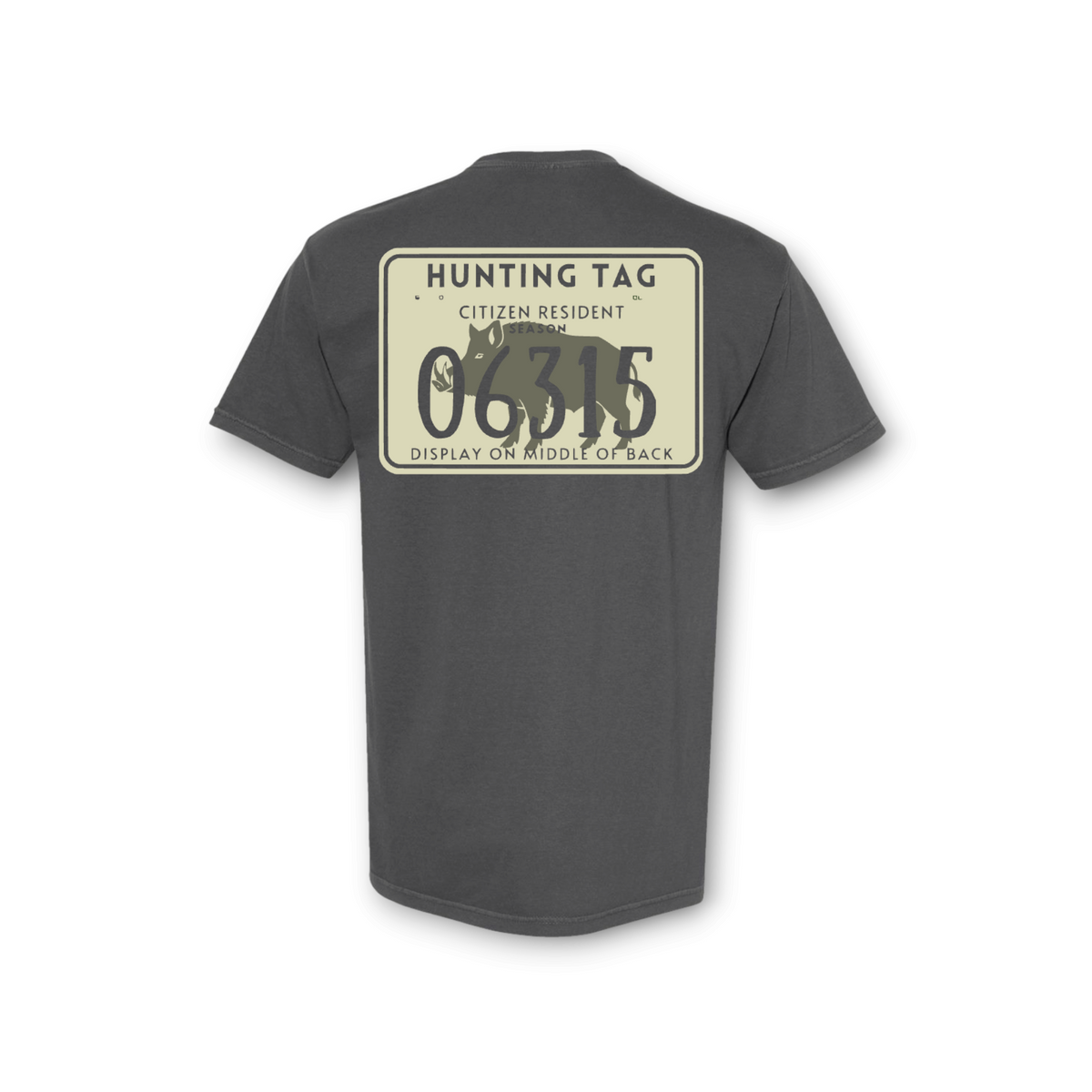 Season pepper-colored Comfort Colors ring-spun cotton t-shirt featuring a back graphic of a hog hunting tag design.