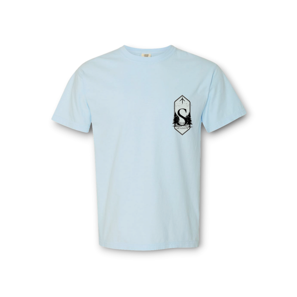 Season chambray blue Comfort Colors ring-spun cotton t-shirt with a small black graphic on the chest pocket area