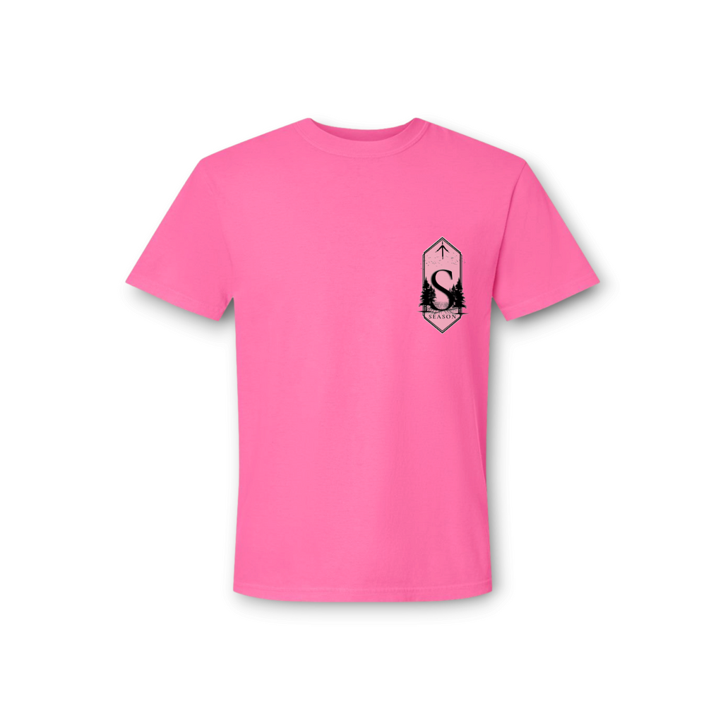 Season neon pink Comfort Colors 1717 ring-spun cotton t-shirt with a black logo graphic on the chest