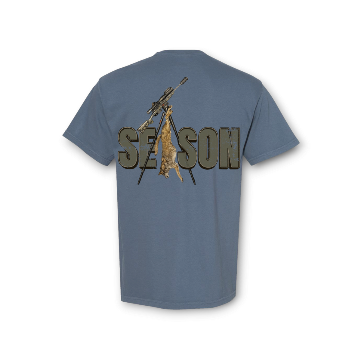 Season blue jean garment-dyed cotton t-shirt featuring a coyote hunting graphic on the back