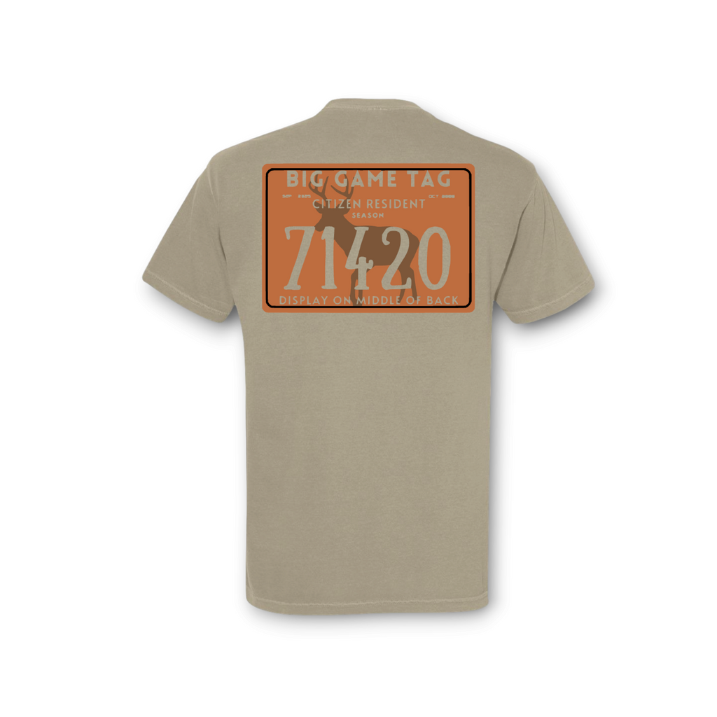 Season Game Tag Deer t-shirt in sandstone cotton with a back graphic of a hunting tag and deer silhouette