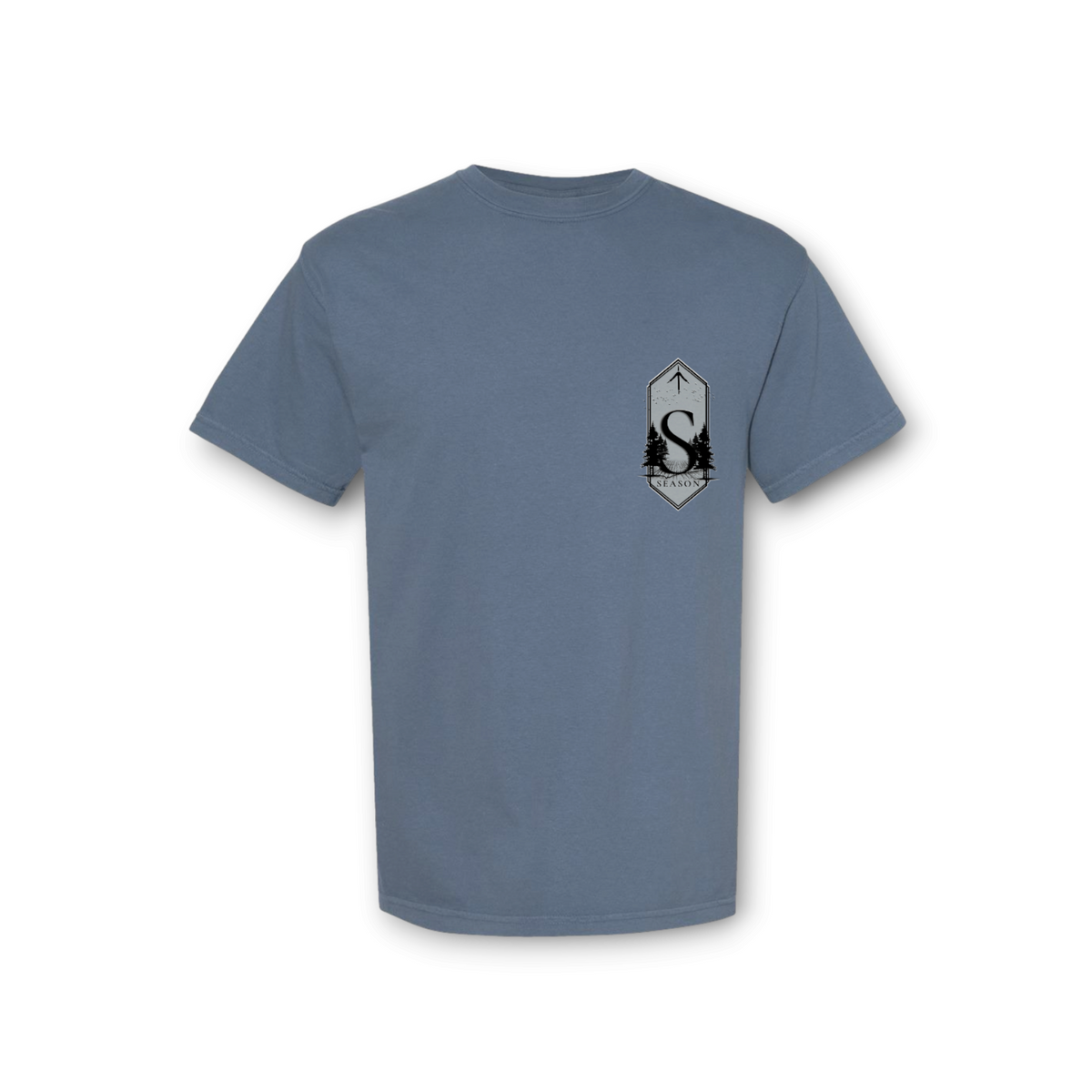 Season blue jean garment-dyed ring-spun cotton t-shirt with a black Folded Coyote Season chest logo graphic