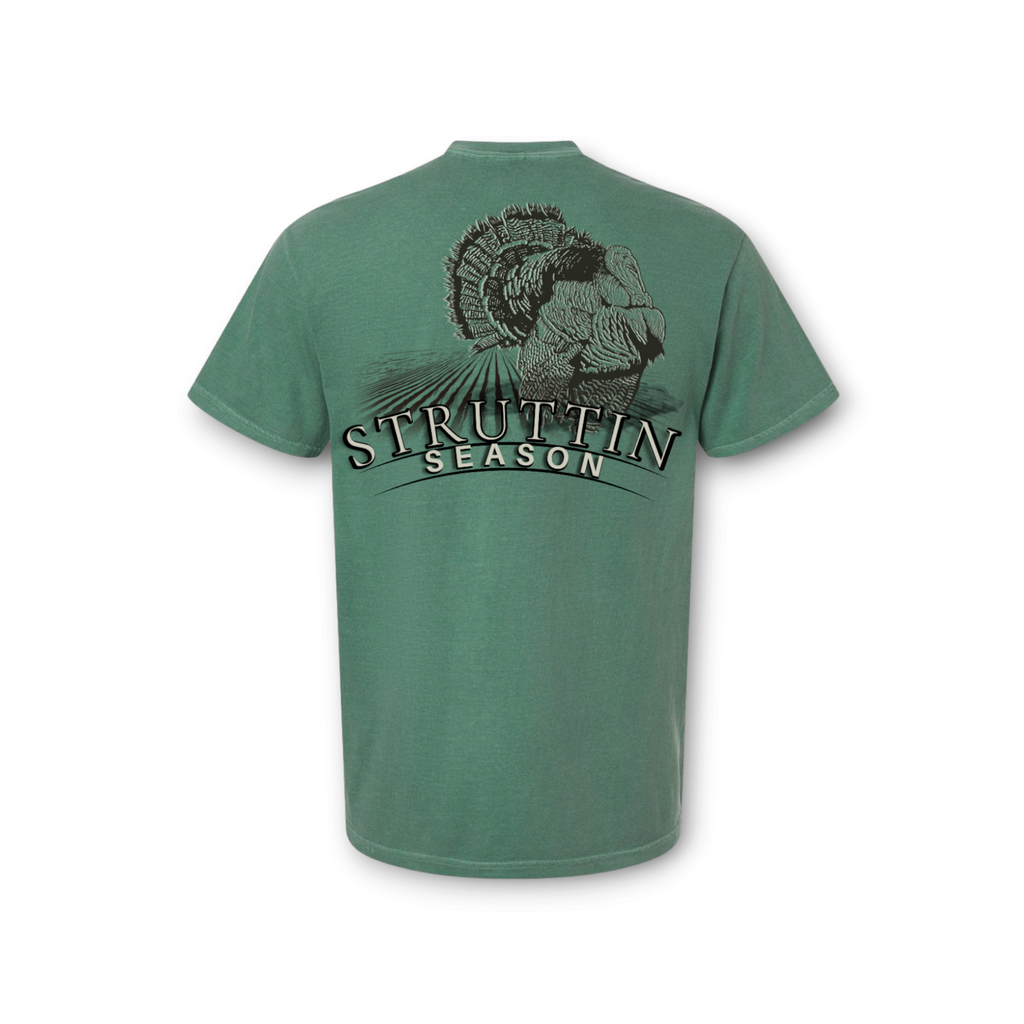 Season Struttin Season light green Comfort Colors turkey hunting graphic t-shirt, back view.