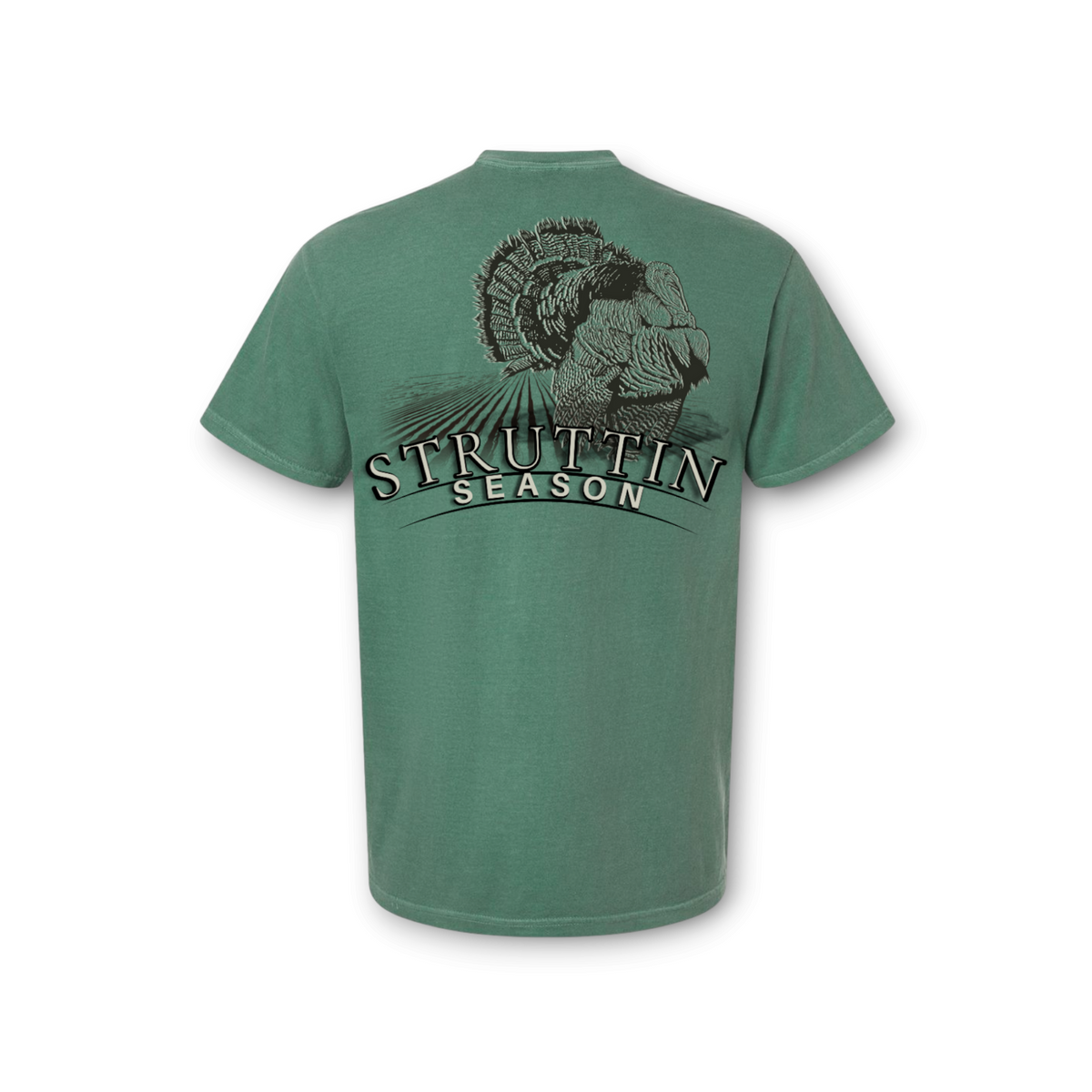 Season Struttin Season light green Comfort Colors turkey hunting graphic t-shirt, back view.