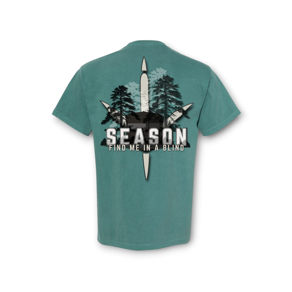 Season Find Me In A Blind emerald green ring-spun cotton t-shirt with turkey hunting graphic on the back