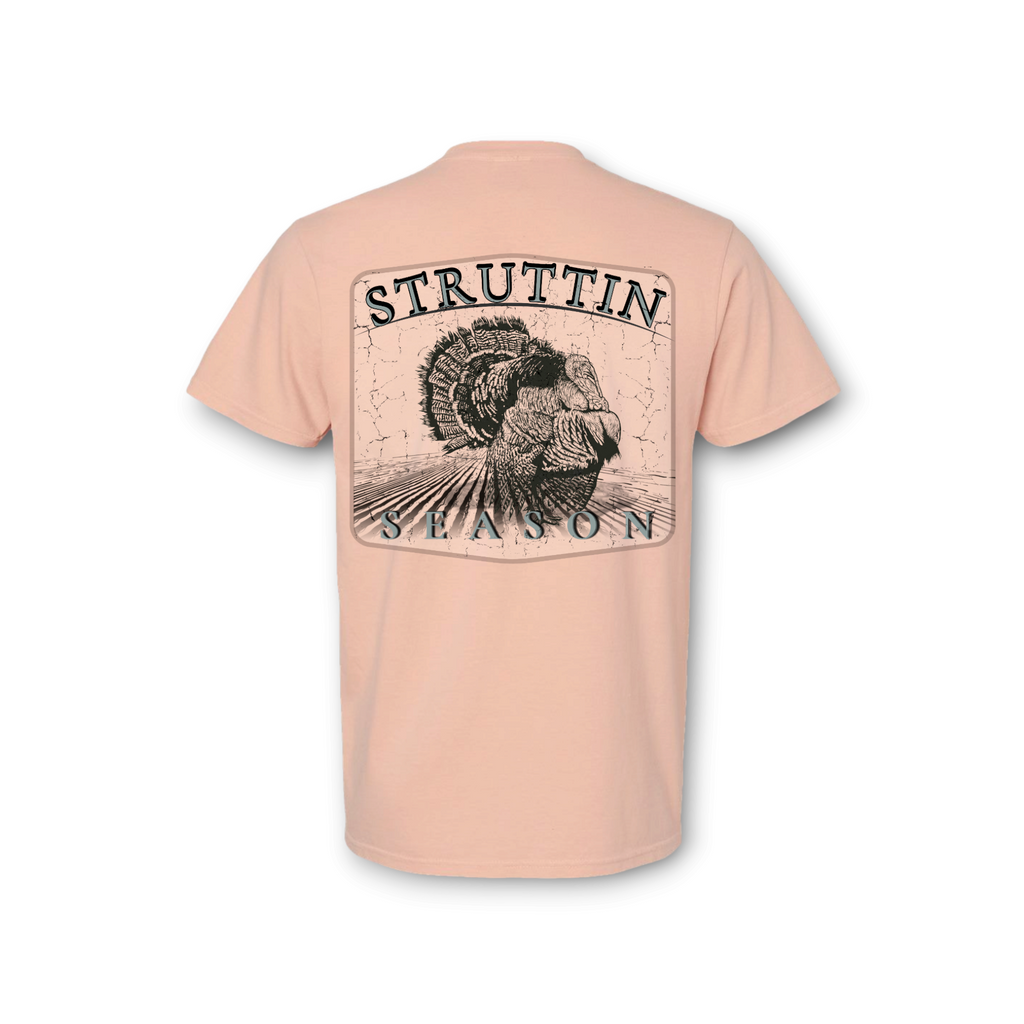 Season Struttin Season light peachy unisex turkey hunting graphic t-shirt made from soft garment-dyed cotton
