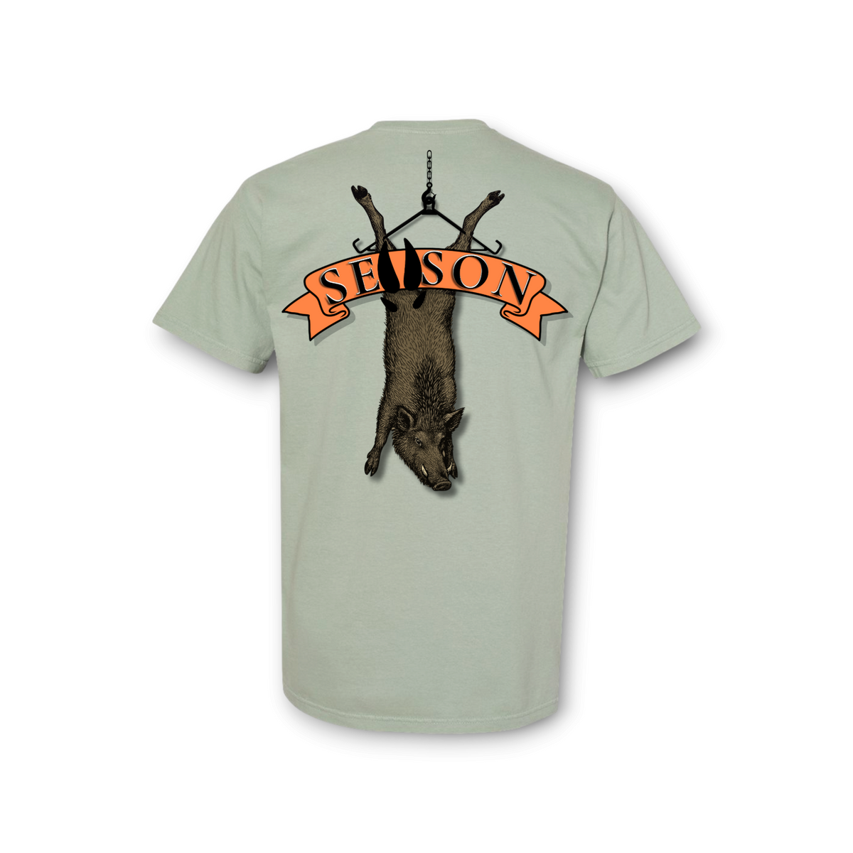 Season bay green Comfort Colors ring-spun cotton t-shirt featuring a back graphic of a hog on a gambrel