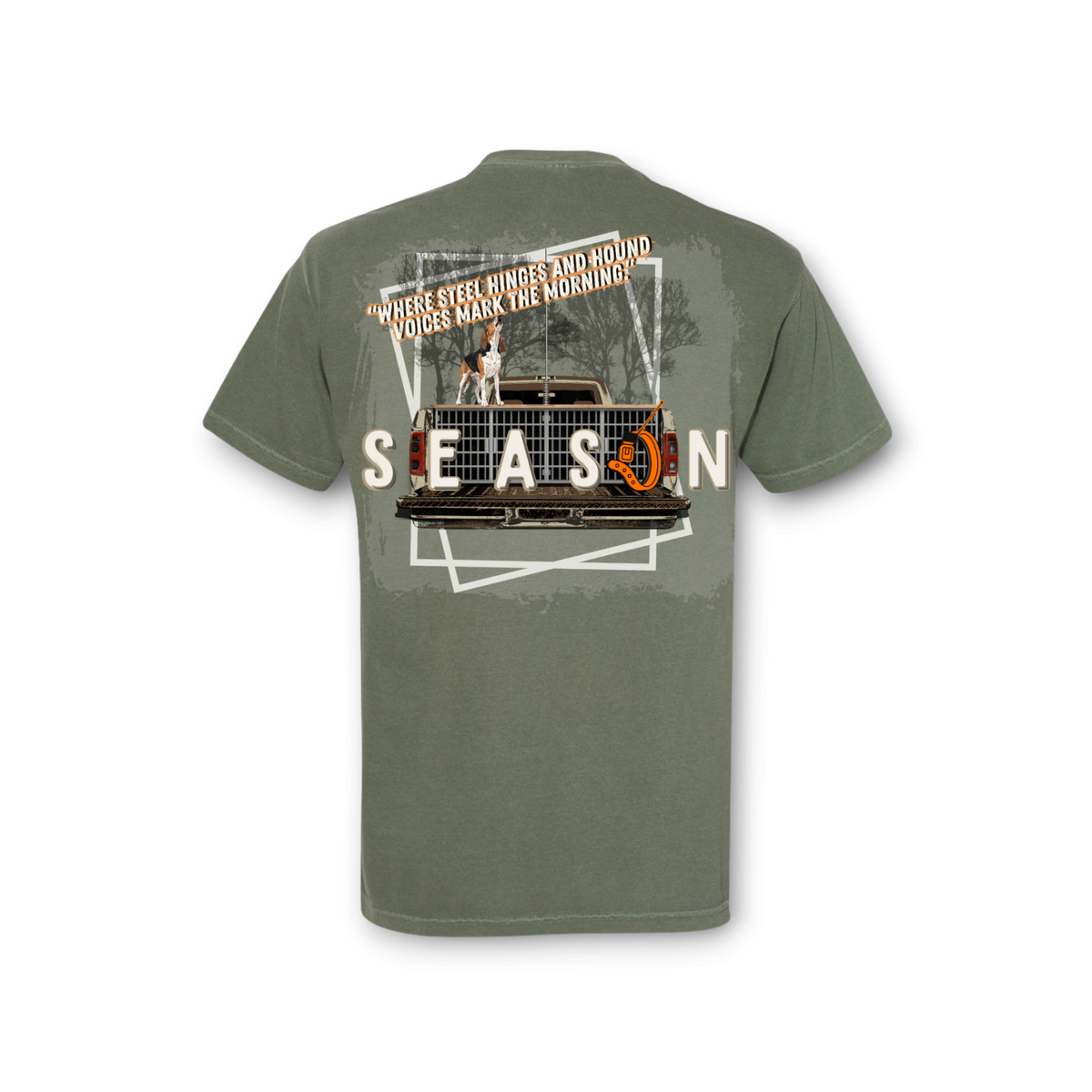 Season moss green Comfort Colors 1717 t-shirt featuring a dog hunting graphic on the back with vintage truck art