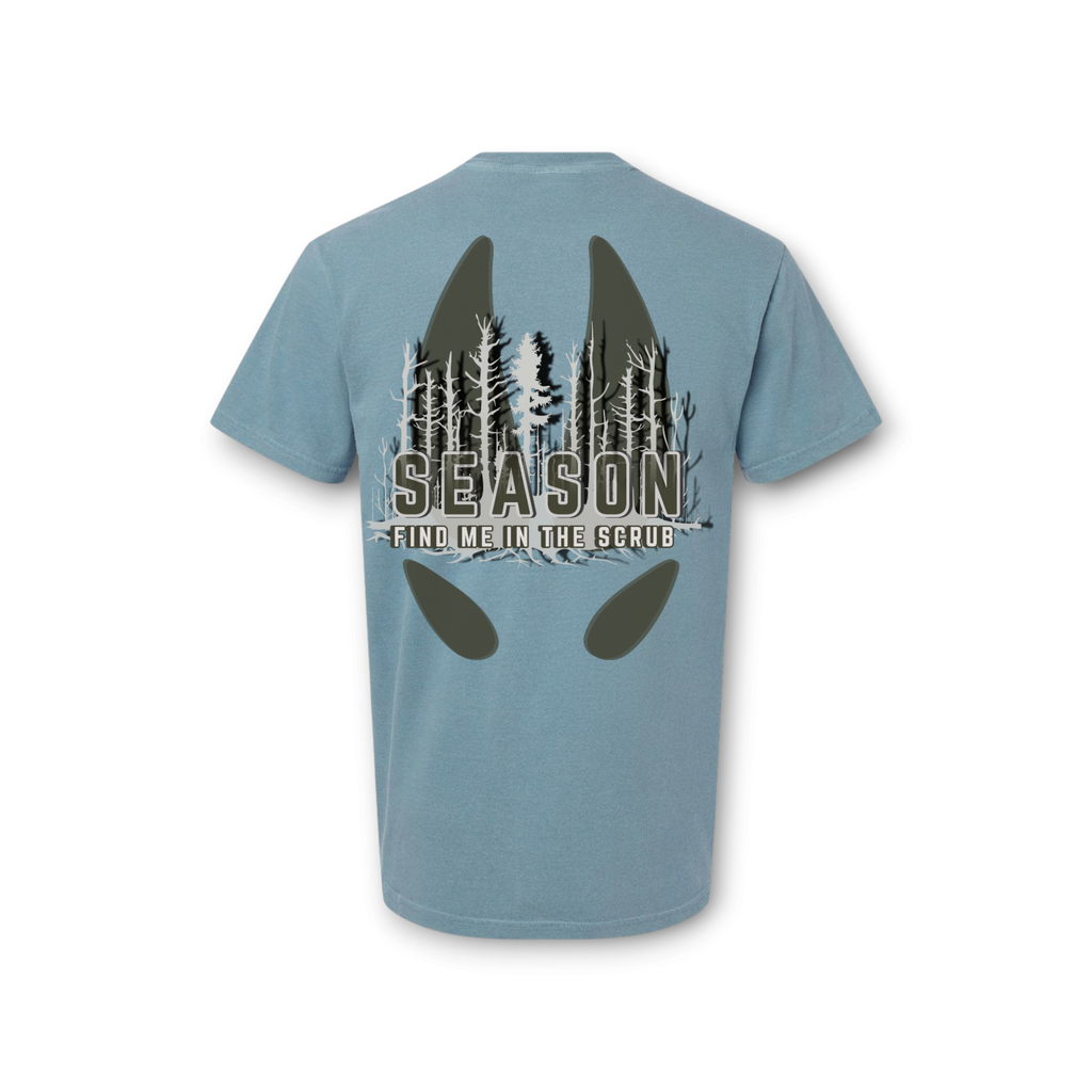 Season ice blue unisex Comfort Colors t-shirt featuring a hog hunting graphic with forest silhouette on the back
