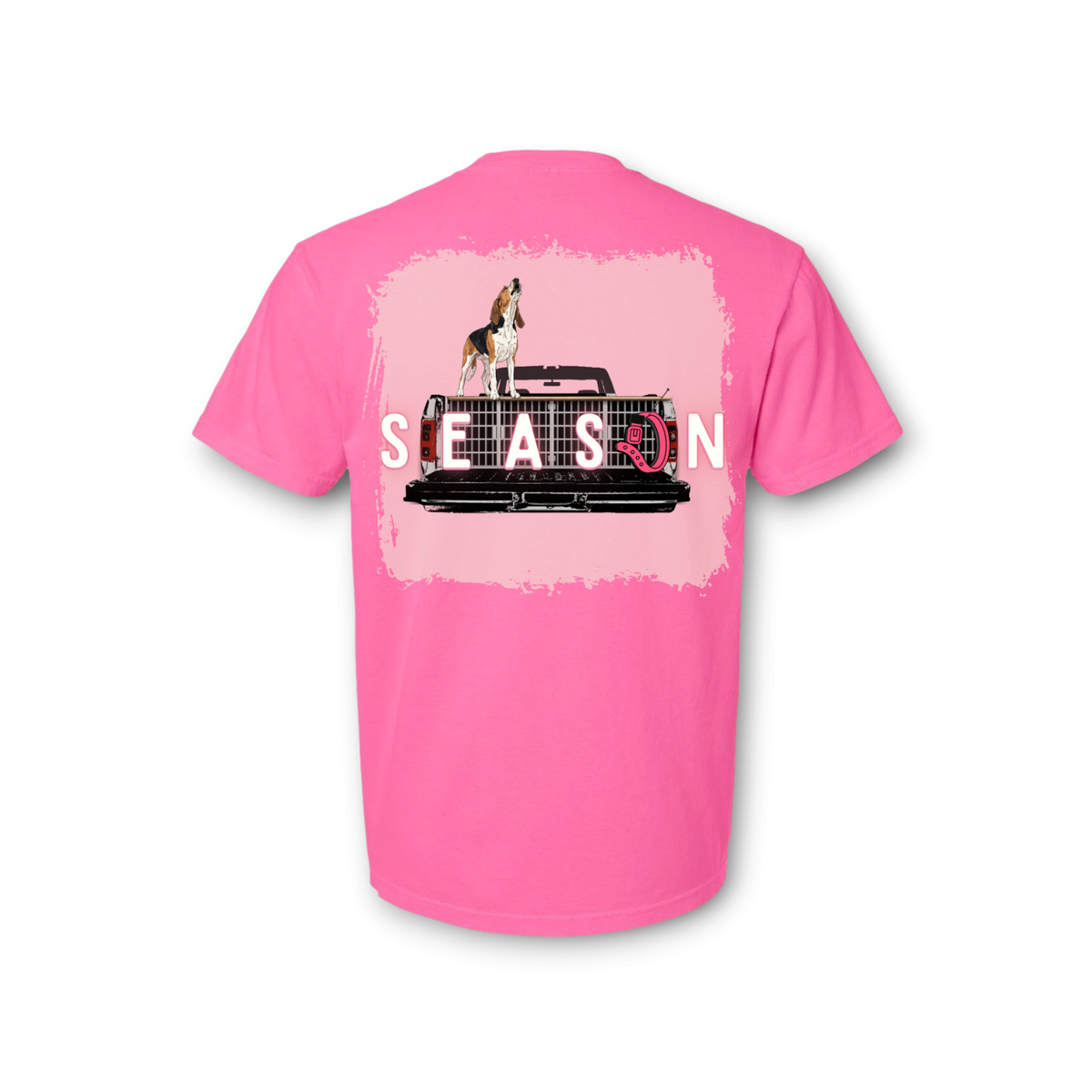Season neon pink Comfort Colors 1717 graphic t-shirt featuring a beagle on a truck tailgate with Dog Season text