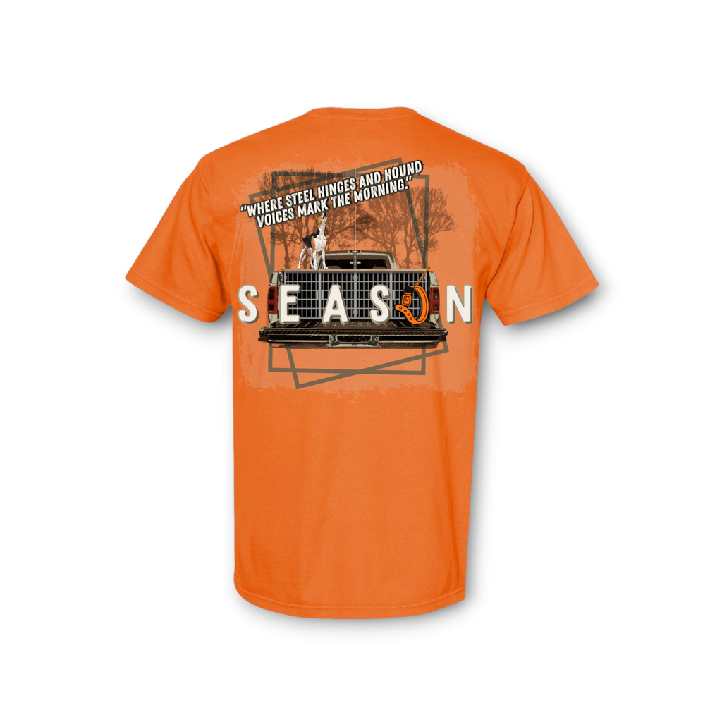 Season burnt orange Comfort Colors cotton t-shirt featuring a dog hunting graphic on the back